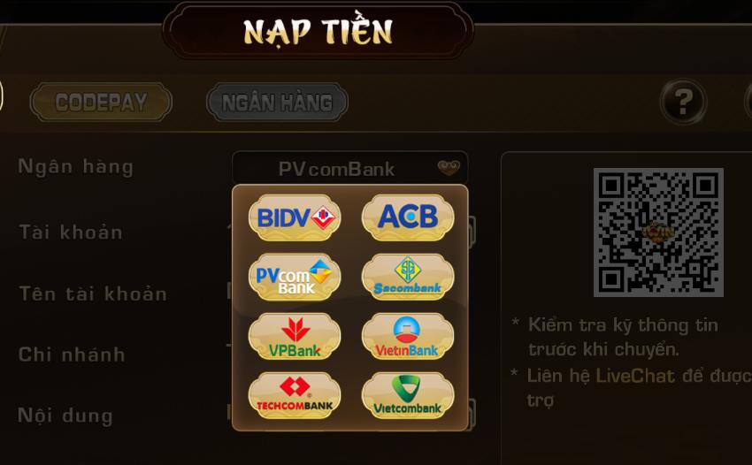 Nạp tiền Iwin qua Internet banking